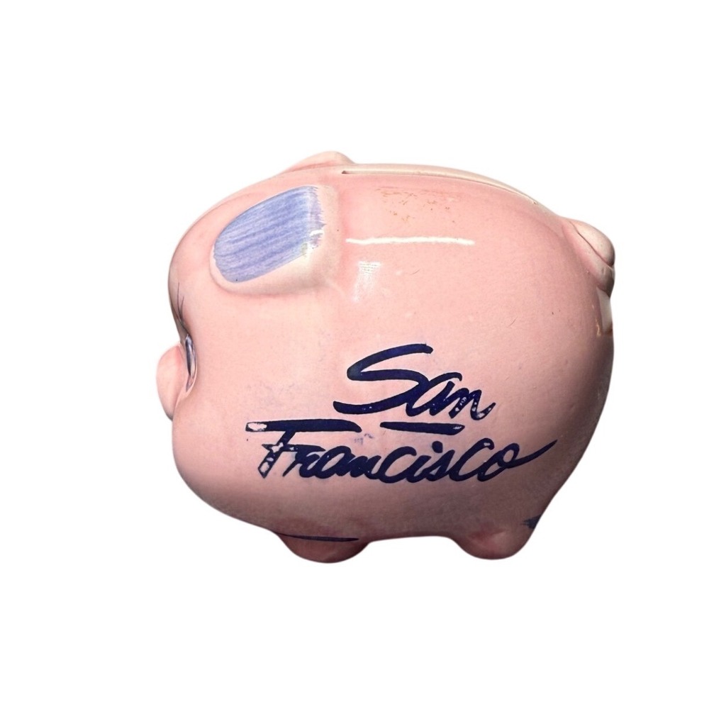 Vintage San Francisco Ceramic Piggy Bank Pink Blue Floral Souvenir 4.5 Inch